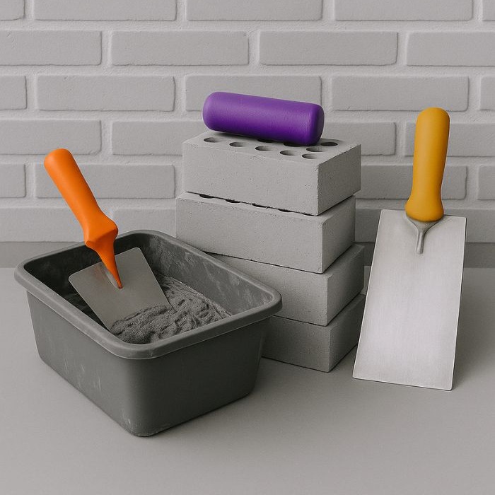 Bac à mortier, truelles et briques creuses grises avec manches colorés, devant un mur en briques peintes, symbolisant des travaux de maçonnerie.