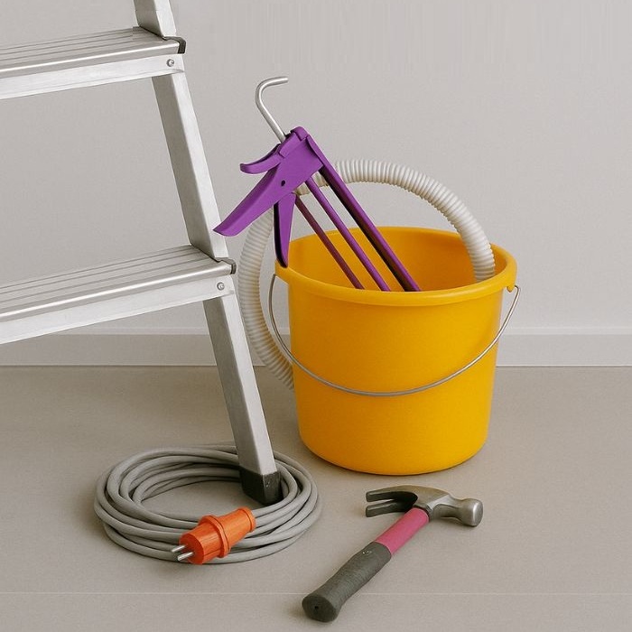 Seau jaune avec pistolet à mastic violet, marteau et rallonge électrique enroulée, posés à côté d’un escabeau sur un sol clair.