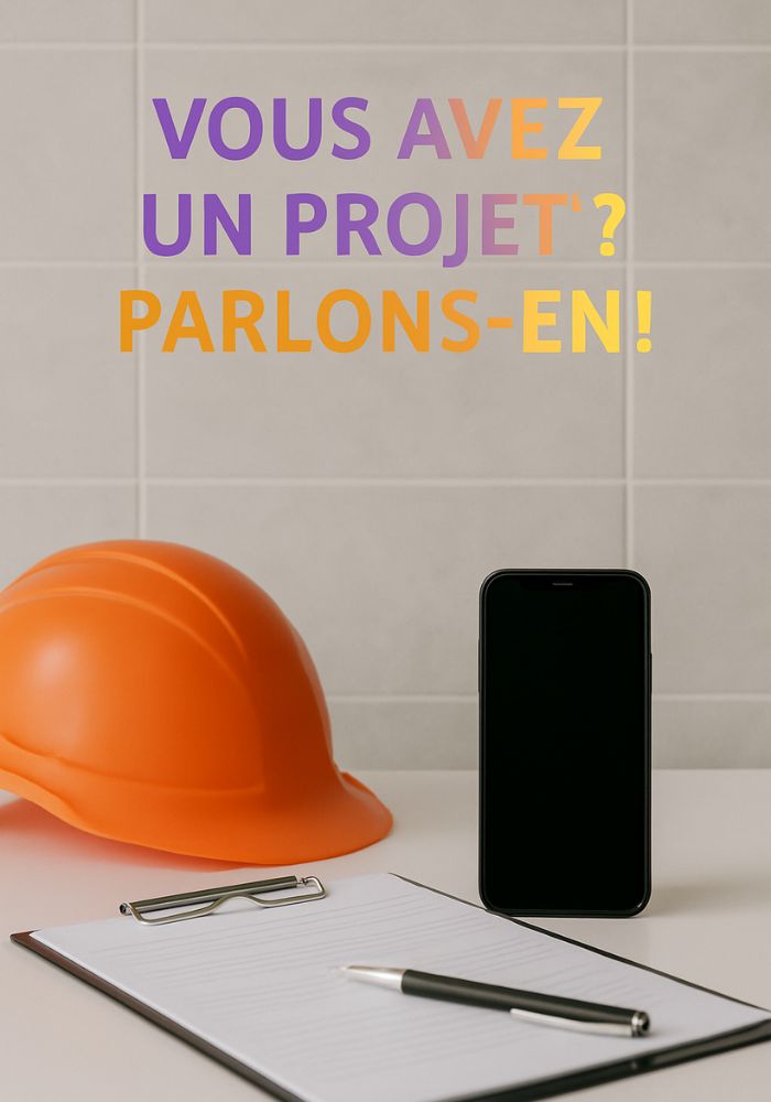 Casque de chantier orange, smartphone noir et clipboard sur table blanche, illustrant un appel à projet ou demande de devis pour travaux.