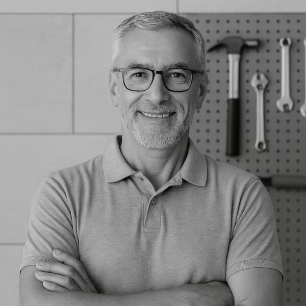 Portrait d’un homme souriant aux cheveux gris, bras croisés devant un mur à outils, représentant le gérant ou artisan de l’entreprise Neobat.
